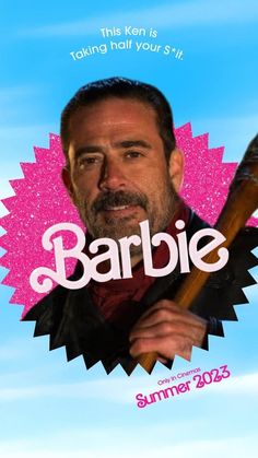 a man holding a baseball bat in front of a blue sky with the words barbie on it