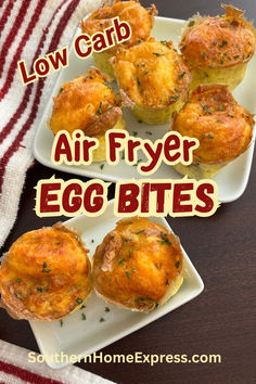 low carb air fryer egg bites recipe on a white plate with red and white striped towel