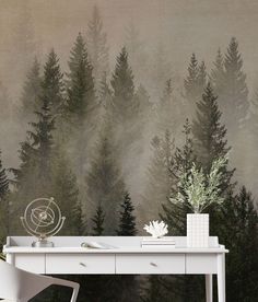 Item #6237 Misty Foggy Forest Wall Mural. Perfect as a nursery wall art for the nursery room. Add calmness forest theme to any room decor.  You can trim this mural to fit your wall space. Made in USA. Simply peel and stick wall mural. No glue or chemicals needed, all decals come with instructions.  Stickerbrand Wall Murals are printed on premium vinyl.  StickerBrand Wall Murals are removable and re-positionable. This large size mural will come in multiple sections of vinyls for easier applicatio Forest Landscape Wallpaper, Garden Troughs, Pine Tree Forest, Peel And Stick Wall Mural, Pine Trees Forest, Forest Wall Mural, Natural Stone Pavers, Foggy Forest, Stone Look Tile