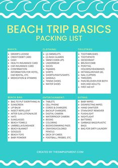 the beach trip basics packing list is shown in blue and white with waves on it