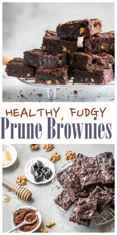 healthy fudgey prune brownies with honey and raisins on the side