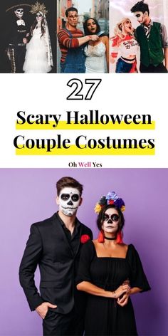 two people dressed up in halloween costumes with text overlay that reads 27 scary halloween couple costumes