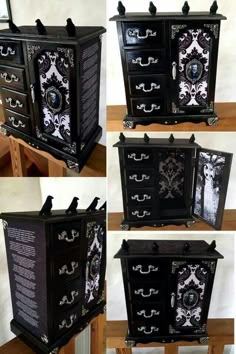 four different pictures of an old black and white chest with skulls on it, one is missing