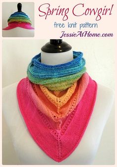 a multicolored knitted triangle scarf on a mannequin