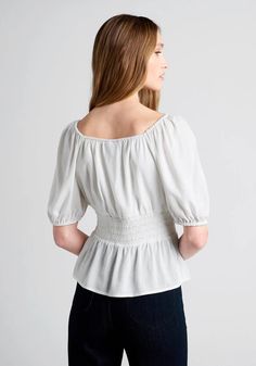 Seaside Picnic Peplum Top | ModCloth Ruffled Peasant Top For Summer Gatherings, Summer Peasant Top With Puff Sleeves For Gatherings, Cottagecore Summer Daywear Tops, Cottagecore Summer Tops For Daywear, Cottagecore Tops For Summer Daywear, Summer White Blouse For Gatherings, White Summer Blouse For Gatherings, Feminine Summer Tops For Gatherings, Feminine Tops For Summer Gatherings