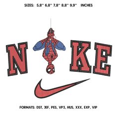 a spiderman hanging from the side of a nike logo with words that read n k e