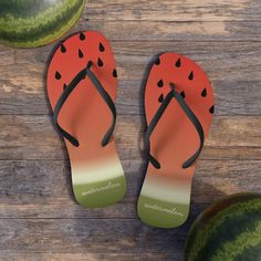 Keep your feet cool with these quirky watermelon slices flip flops - no need to thump them to see if they're ripe to wear - pop your name on and they're good to go. Did you know that there is a watermelon day? Funny Watermelon, Red Flip Flops, Watermelon Day, Watermelon Slice, Watermelon Slices, Family Name, Hat Crafts, Sock Shoes, Your Name