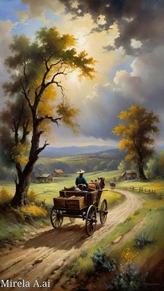 a painting of a man driving a horse drawn carriage down a dirt road in the countryside