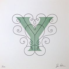 the letter y is made up of swirly vines and letters v are drawn in green ink