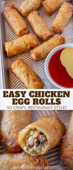 easy chicken egg rolls with ketchup and dipping sauce on the side for dipping