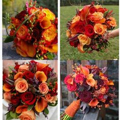 wedding bouquets with orange and red flowers are shown in three different pictures, including the bride's bouquet