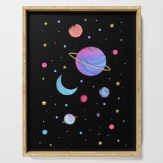 the planets and stars are painted on a black background with gold trim framed wall art print