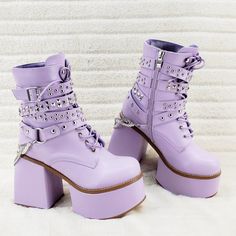 New In Box Lace Up Ankle Boots With Studded Straps 5" Chunky Heel With A 2.75" Platform Removable Drape Chain Faux Fur Lining Goth Shoes, Cute Shoes Heels, Kawaii Shoes, Cute Heels, Block Heel Ankle Boots, Girly Shoes, Cute Boots, Aesthetic Shoes, Heel Ankle Boots