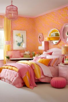 a bedroom decorated in pink and yellow with an orange bed spread, round mirror on the wall