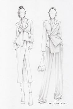 two women's clothing sketches, one in white and the other in black