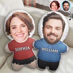 two pillows with the faces of people on them, one has a photo of a man and woman