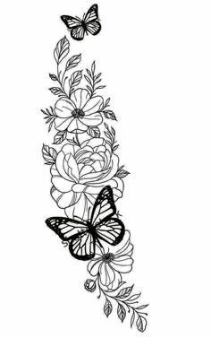 a black and white drawing of flowers with butterflies