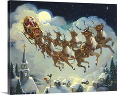 a painting of santa's sleigh with reindeers flying through the sky