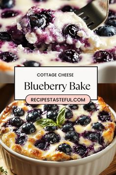 cottage cheese blueberry bake in a white dish with a serving spoon resting on top