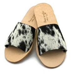 Nadia Flat Cowhide Flat/Slides in Salt & Pepper Cowhide Sandals, Pretty Summer Dresses, Leather Slide Sandals, Boots Women Fashion, Cute Sandals, Boot Bag, Leather Slides, Western Outfits, Salt Pepper