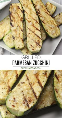 grilled parmesan zucchini on a white plate with text overlay