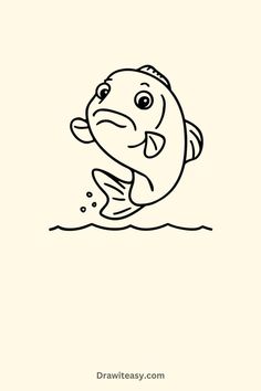 A simple line drawing of a fish jumping out of the water with a surprised expression. Drawing Of A Fish, Simple Line Drawing, Cool Fish