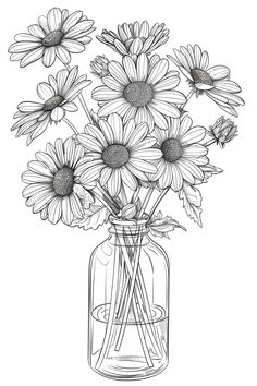 a vase filled with lots of daisies sitting on top of a white tablecloth