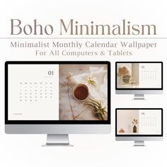 the minimalist calendar wallpaper for all computers and tablets is displayed on multiple monitors