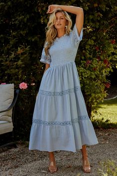 Our lovely maxi dress is calling your name! With a cute geo lace design and a ruffled neckline, this dress is the one for you! Modest Short Sleeve Solid Color Dress, Blue Short Sleeve Maxi Dress With Smocked Back, Short Sleeve Modest Maxi Dress, Modest Short Sleeve Maxi Dress, Elegant Short Sleeve Maxi Dress With Smocked Back, Light Blue Midi Dress With Smocked Back, Modest Blue Midi Dress With Short Sleeves, Modest Light Blue Summer Dress, Blue Midi Dress With Smocked Back And Short Sleeves