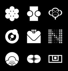 black and white icons on a black background including flowers, trees, circles, squares