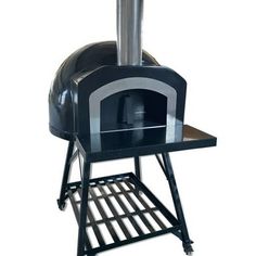 a black and silver oven sitting on top of a metal rack