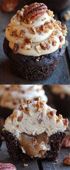 two pictures of cupcakes with frosting and pecans