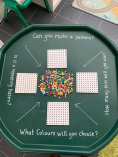 a green table with white dots on it that says, can you make a pattern? what colours will you choose?