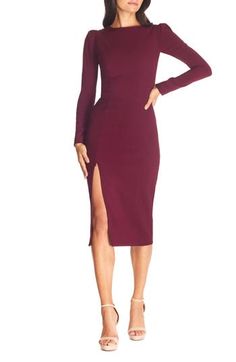 Set your style to stun in this sleek, side-slit dress that amps up the allure with a deeply scooped back. 41 1/2" length (size Medium) Hidden back-zip closure Jewel neck Long sleeves Scoop back Side slit Partially lined 97% polyester, 3% spandex Dry clean or machine wash, line dry Imported Burgundy Holiday Dress, Burgundy Midi Dress, Formal Dresses With Sleeves, Dress The Population, Burgundy Dress, Jewel Neck, Nordstrom Dresses, Dress Details, Sheath Dress