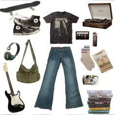 Rock music grunge outfit style Guitar Style Fashion, Guitar Aesthetic Clothes, 90s Fashion Rock Grunge Outfits, Indie Rock Outfits Aesthetic, Old Grunge Outfits, Grunge Outfits 2024, Grunge Outfit Moodboard, 90s Grunge Outfits Punk Rock, 90s Grunge Outfits Women