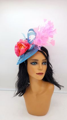 Teal Blue Wedding Fascinator with shades of pink and Coral.   Bridesmaids Hat Kentucky Derby Cocktail Party Tea Party Guest Easter Kate Middleton  - Headband and hairclip  - Ready to ship  - Lightweight - Free Shipping - Fast shipping - Customize by adding different color flowers and or feathers Check my store for styles and colors.  Hatsandpearls.etsy.com Find more at my website: Www.hatsandpearls.com  Reach out to me if you can't find what you are looking for.  I can make cake custom orders and help you style and match your outfit  Tag and share your pictures when you wear and style our hats.  Instagram: @hats_pearls Facebook: Hats Pearls Thank you for visiting and happy shopping! Multicolor Brimmed Mini Hats For Party, Pink Brimmed Costume Hats For Party, Pink Party Hat For Carnival, Blue Fitted Fascinator For Beach, Adjustable Multicolor Fascinator For Carnival, Blue Headpieces For Summer Garden Party, Blue Mini Hat Headband For Spring, Multicolor Evening Hats For Summer, Multicolor Summer Evening Hats