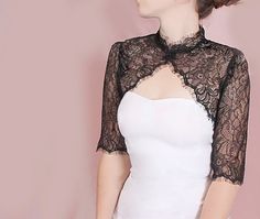 Plus size black lace jacket / wedding bolero/cover up  /3/4-sleeve /white /ivory/ black/shrug/wrap/wedding accessories Elegant Lace Shrug With Lace Trim, Elegant Party Shrug With Lace Sleeves, Elegant Lace Collar Top For Wedding, Elegant Lace Top With Lace Collar For Wedding, Elegant Spring Wedding Lace, Spring Wedding Elegant Lace, Lace Top With Lace Collar For Wedding, Wedding Shrug With Lace Sleeves, Fitted Lace Top With Lace Cuffs For Wedding