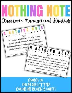 two posters with the words nothing note written in black and white, one is for classroom management