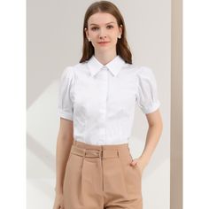 A basic button-down shirt features short puff sleeves bringing a touch of femininity and detail to any of the work-wear and making them look elegant. This puff-sleeve shirt is made of lightweight soft cotton fabric, drapes beautifully, and ensures you stay comfy all day. Pair this work office shirt with shorts, work pants, or casual jeans. Elegant Puff Sleeve Button-up Top, Classic Puff Sleeve Office Tops, Classic Puff Sleeve Tops For Office, Peter Pan Collar Blouse For Work, Elegant Collared Puff Sleeve Top For Workwear, Classic Puff Sleeve Tops For Workwear, Casual Puff Sleeve Top For Work With Button Closure, Formal Tops With Puff Sleeves And Cuffed Details, Puff Sleeve Blouse With Cuffed Sleeves For Work