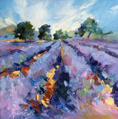 an oil painting of lavender fields with trees in the distance and blue sky behind it