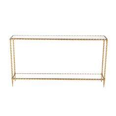 a gold metal and glass console table