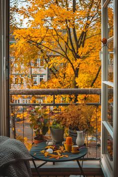 an open window with fall foliage on the outside