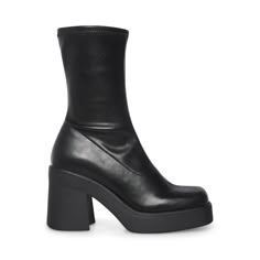 Vegan leather upper material Textile and synthetic lining Vegan leather sock Synthetic sole 3.5 inch heel height 1 inch platform 9.75 inch shaft circumference 8 inch shaft height Fit tip: runs big Steve Madden Chunky Boots, Sock Boots, Steve Madden Store, Black Platform Heels, Size 11 Heels, Black Platform Boots, Black Heel Boots, Leather Socks, Black Platform