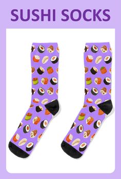 Indulge yourself with these Purple Sushi Socks. These cute, food-themed socks feature sushi roll and nigiri designs on a vibrant purple background. A perfect gift for sushi lovers. These socks will add a fun twist to your sock collection. Sock Collection, Sushi Roll, Vibrant Purple, Purple Background, Sushi Rolls