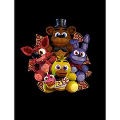 five stuffed animals are posed together in front of a black background with the words happy birthday written on it