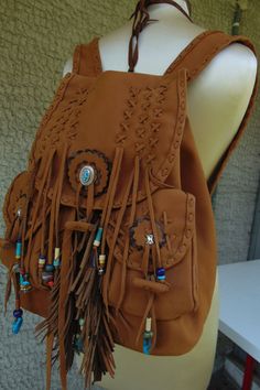 Native American Bag.Boho leather bag.Handmade by stellasilverhorse Bohemian Style Brown Backpack, Bohemian Brown Standard Backpack, Brown Bohemian School Bags, Bohemian Brown School Bag, Bohemian Brown Backpack Shoulder Bag, Handmade Brown Standard Backpack, Handmade Brown School Bag, Bohemian Brown Leather Backpack With Adjustable Strap, Bohemian Travel Bag With Leather Backing