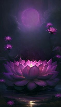 a purple flower with water lilies floating in the air on a dark night sky