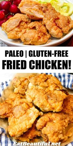 two plates with fried chicken on them and the words paleo i gluten - free fried chicken easy