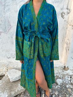 Unisex yak wool robe Fits upto size 2Xl Bohemian Open Front Outerwear For Loungewear, Winter Festival Long Kimono, Winter Long Sleeve Relaxed Fit Robe, Long Sleeve Kimono With Pockets For Loungewear, Green Long Sleeve Kimono For Home, Bohemian Wrap Robe For Home, Bohemian Long Sleeve Robe For Home, Green Bohemian Long Sleeve Robe, Green Long Sleeve Bohemian Robe