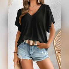 New Chic Casual V Neck Flutter Sleeve Tee Shirt * Short Flutter Sleeve * V Neck * Soft Stretch Pullover * Lightweight Semi Sheer Knit * Loose Oversized Fit *Approximate Unstretched Measurements* Xs (2) *Bust 41.5" * Sleeve Length 8" * Length 23.75" Small (4) *Bust 43.25" * Sleeve Length 8.25" * Length 24.25" Medium (6) *Bust 44.75" * Sleeve Length 8.5" * Length 24.5" Large (8/10) *Bust 47.25" * Sleeve Length 8.75" * Length 25.25" Xl (12) *Bust 49.5" * Sleeve Length 9" * Length 25.75" ** In Trans Summer Solid Color Tops With Ruffle Sleeves, Summer Tops With Ruffle Sleeves In Solid Color, Trendy Flowy Solid Color Top, Summer Ruffle Sleeve Tops In Solid Colors, Casual Solid Color Tops With Ruffle Sleeves, Casual Solid Color Top With Ruffle Sleeves, Chic Tops With Ruffle Sleeves In Solid Color, Casual Ruffle Sleeve T-shirt For Summer, Casual Summer T-shirt With Ruffle Sleeves